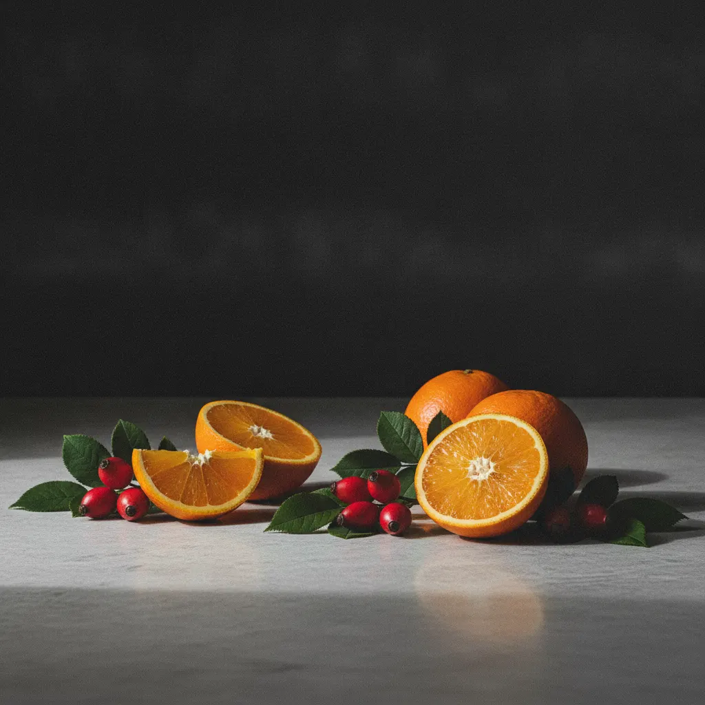 Frische Orangen, Hagebutten und grüne Blätter auf hellem Holztisch - Vitamin-C-Quellen