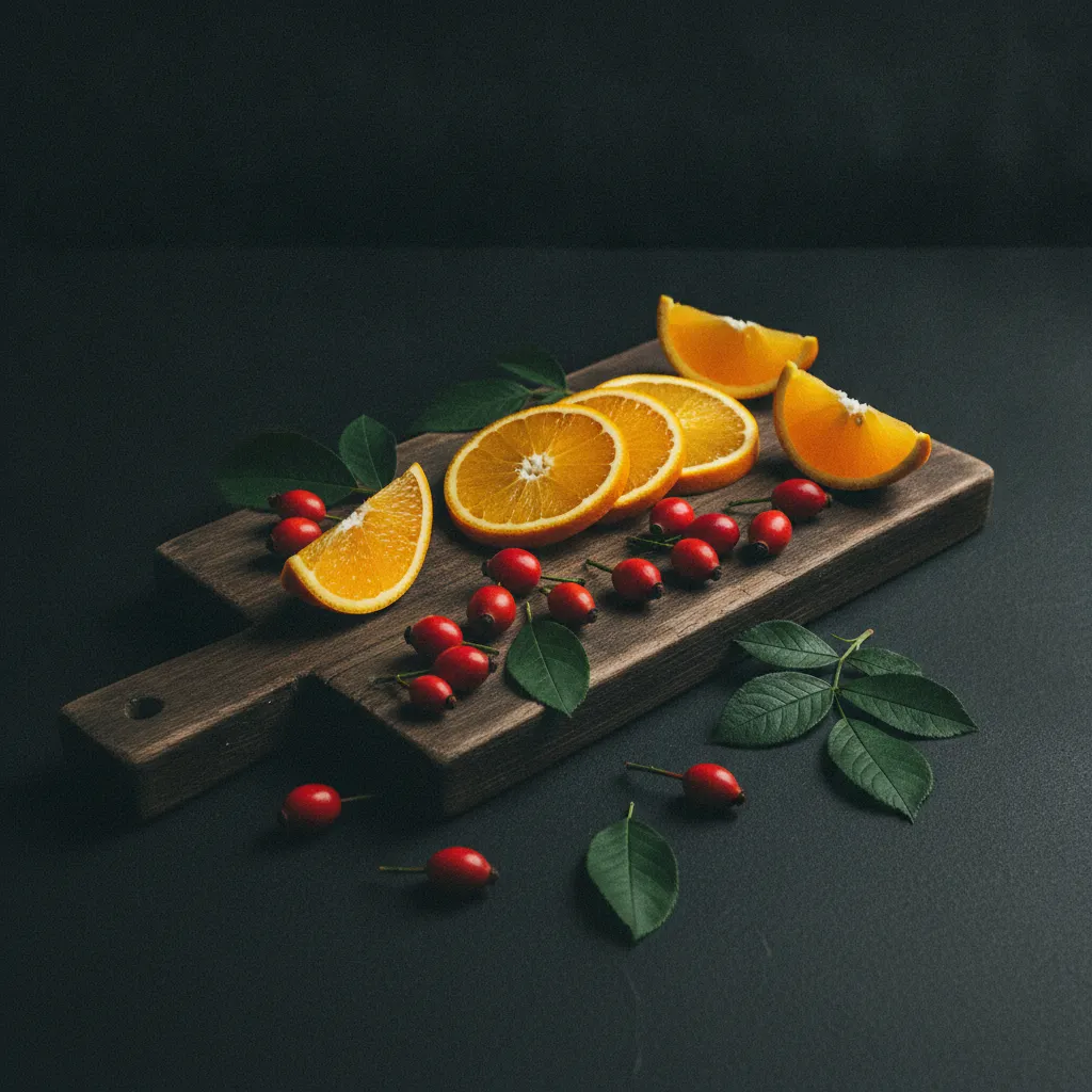 Hagebuttenfrüchte und Orangenscheiben auf einem Holzbrett - Vitamin-C-Quelle