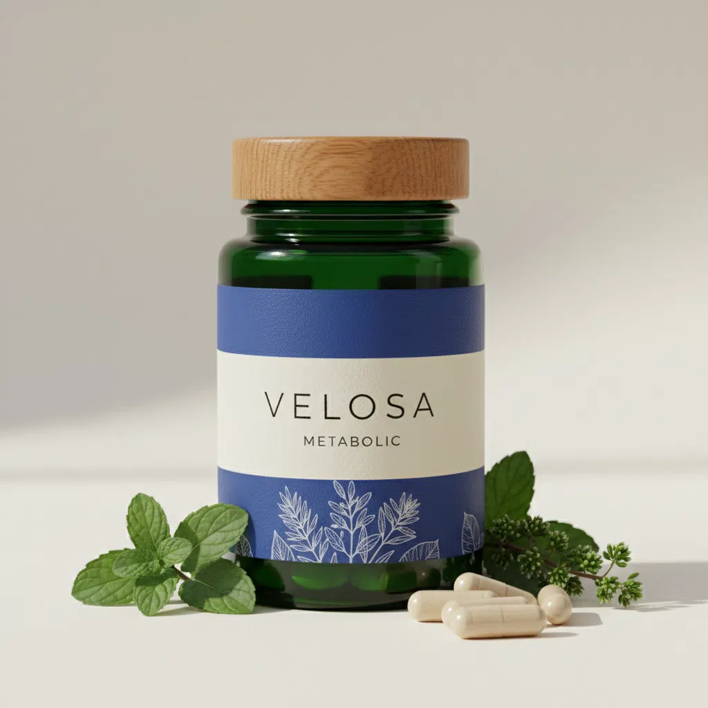 Velosa Metabolic dunkelgrüne Glasflasche mit silberner Kappe auf schwarzem Hintergrund